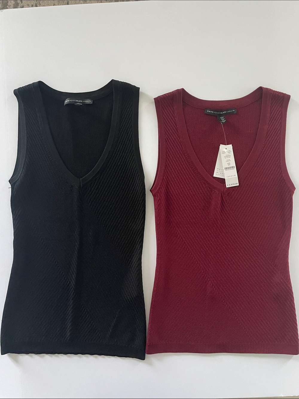 White House Black Market Ribbed V-Neck Tank — Black & Burgundy